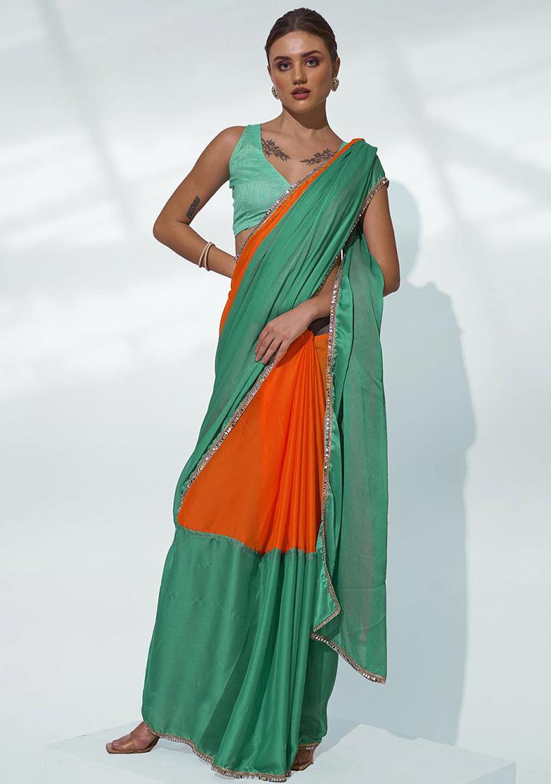 Green And Orange Mirror Work Pure Chiffon Saree Set