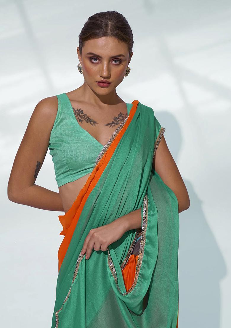 Green And Orange Mirror Work Pure Chiffon Saree Set