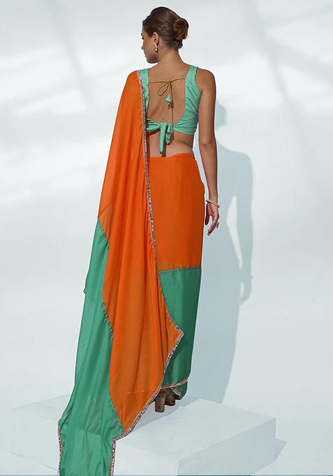 Green And Orange Mirror Work Pure Chiffon Saree Set