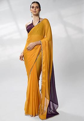 Purple And Mustard Mirror Work Pure Chiffon Saree Set