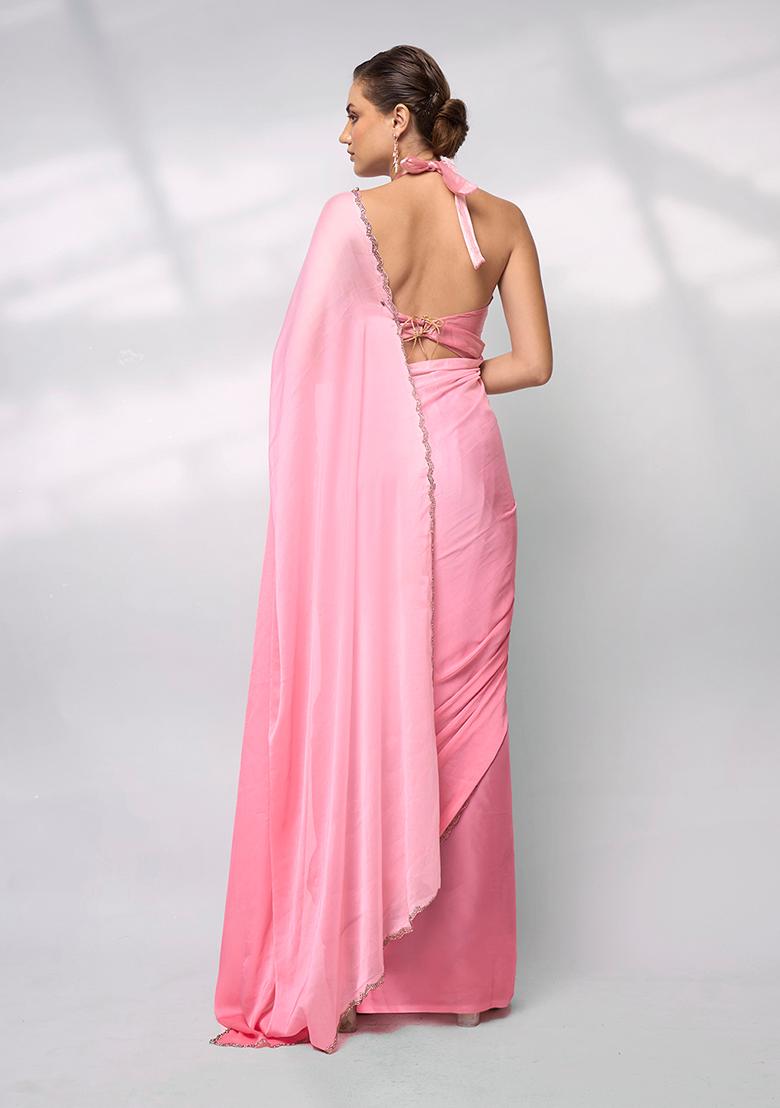 Pink Bead Stone Work Satin Saree Set