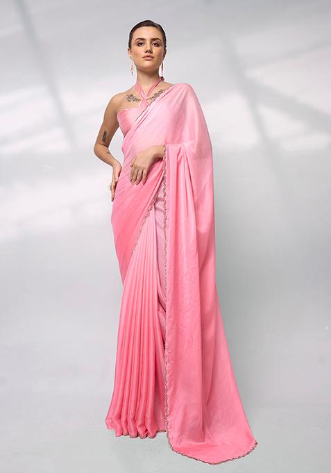 Pink Bead Stone Work Satin Saree Set