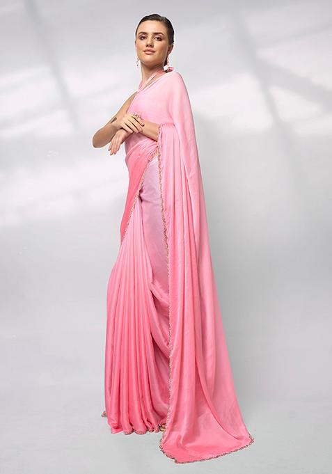 Pink Bead Stone Work Satin Saree Set