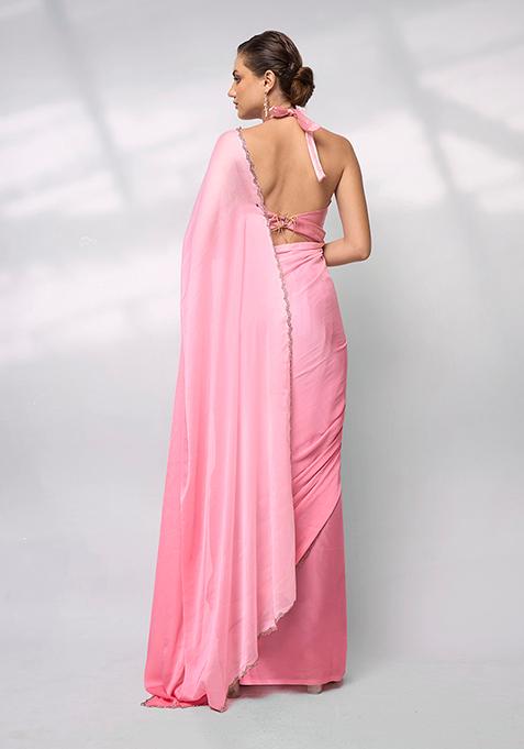 Pink Bead Stone Work Satin Saree Set