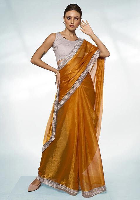 Mustard Solid Organza Saree Set