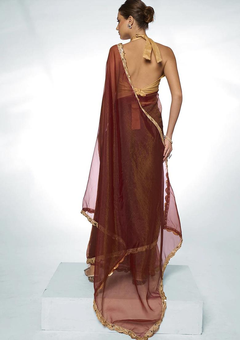 Brown Sequin Work Organza Saree Set