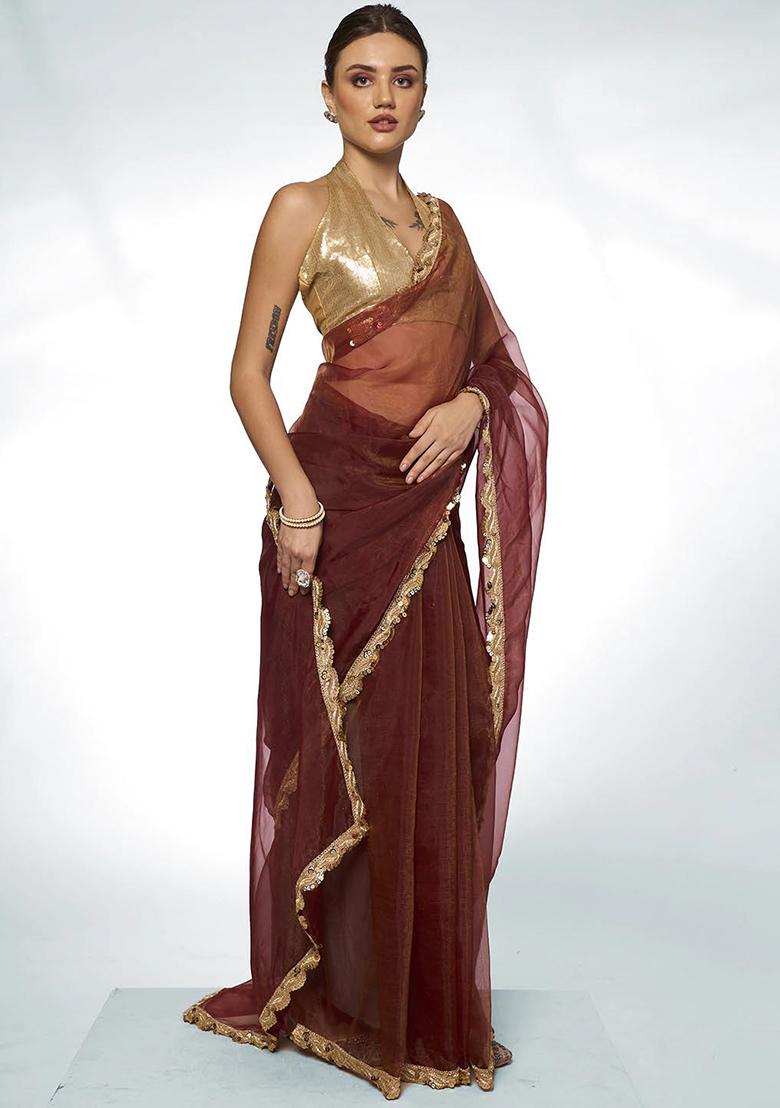 Brown Sequin Work Organza Saree Set