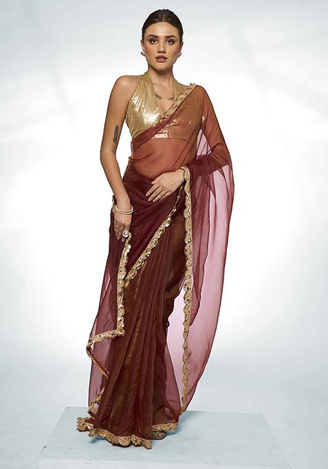 Brown Sequin Work Organza Saree Set