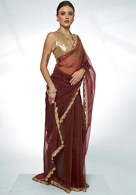Brown Sequin Work Organza Saree Set