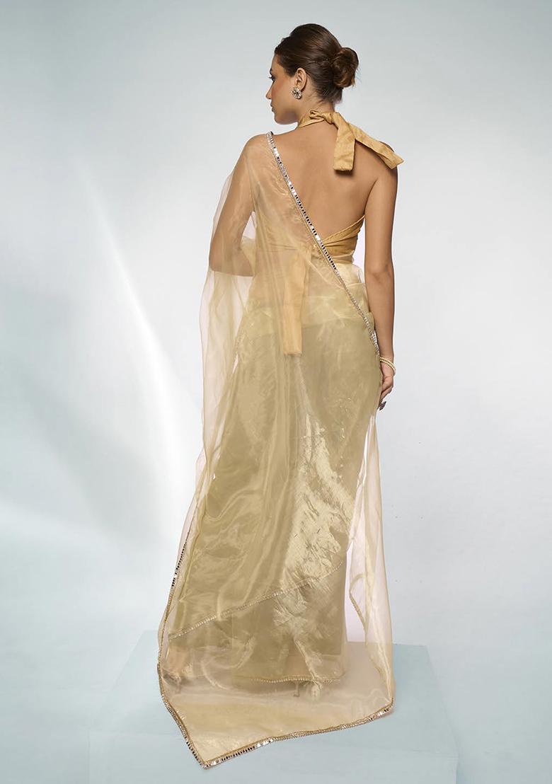 Pastel Yellow Mirror Work Organza Saree Set