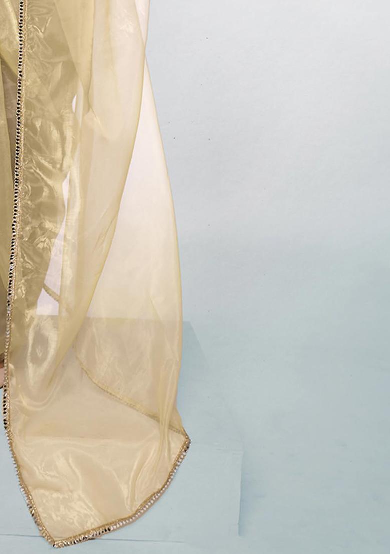 Pastel Yellow Mirror Work Organza Saree Set