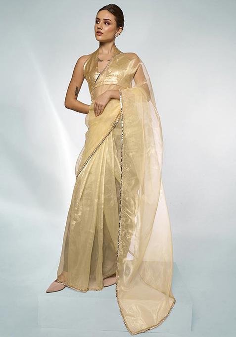 Pastel Yellow Mirror Work Organza Saree Set