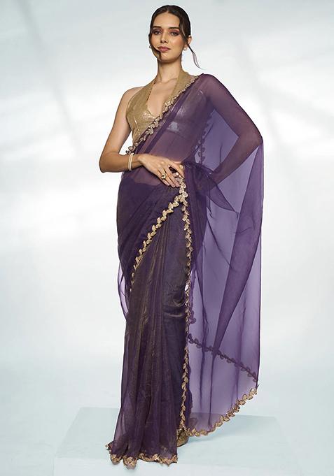 Purple Sequin Work Organza Saree Set