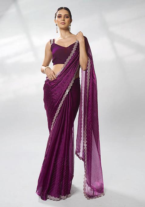 Purple Bead Work Organza Saree Set