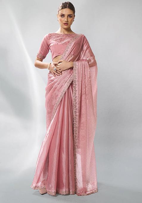 Pink Bead Work Organza Saree Set