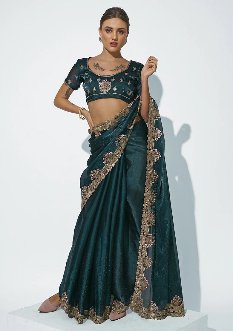 Teal Embellished Organza Saree Set