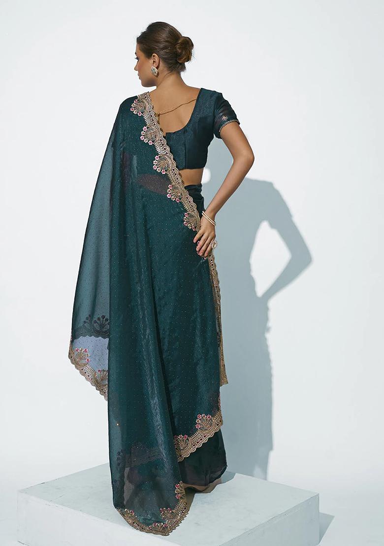 Teal Embellished Organza Saree Set