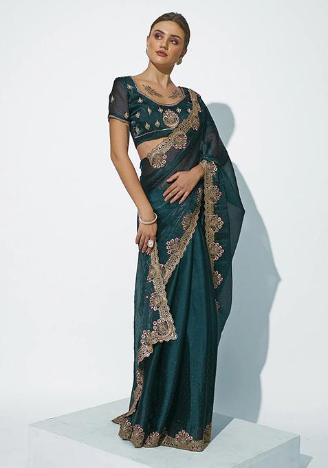 Teal Embellished Organza Saree Set