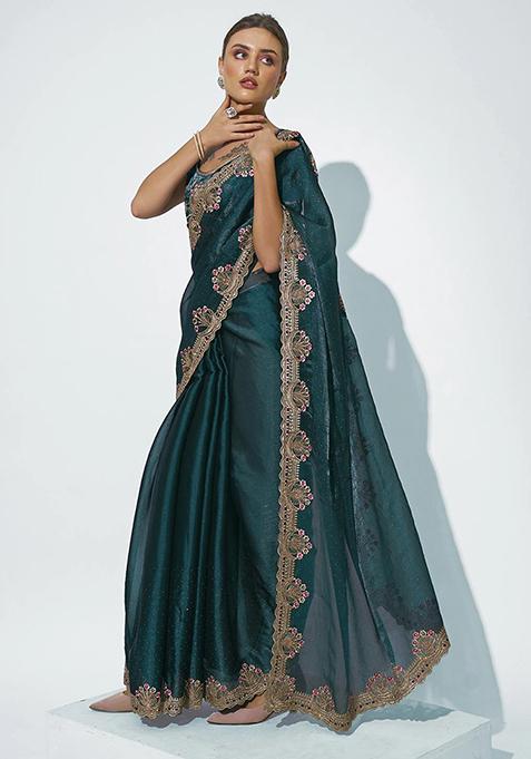 Teal Embellished Organza Saree Set