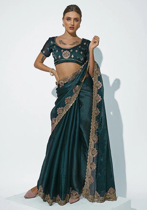 Teal Embellished Organza Saree Set