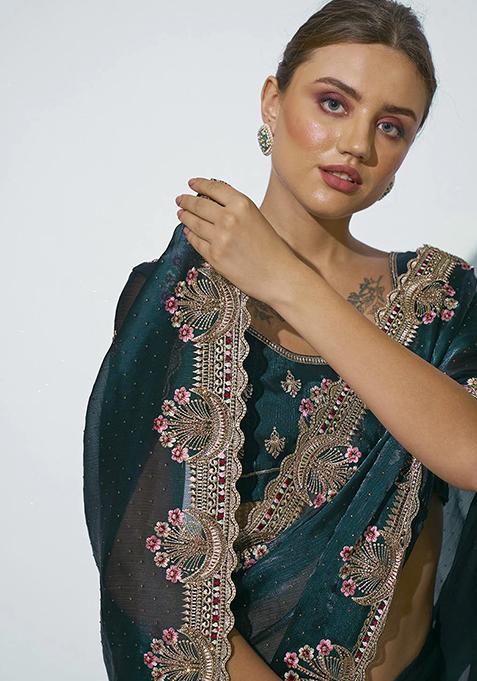 Teal Embellished Organza Saree Set