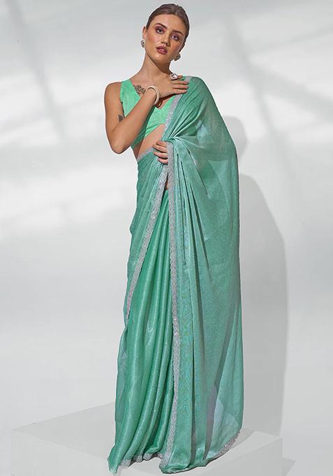 Sea Green Bead Work Organza Saree Set