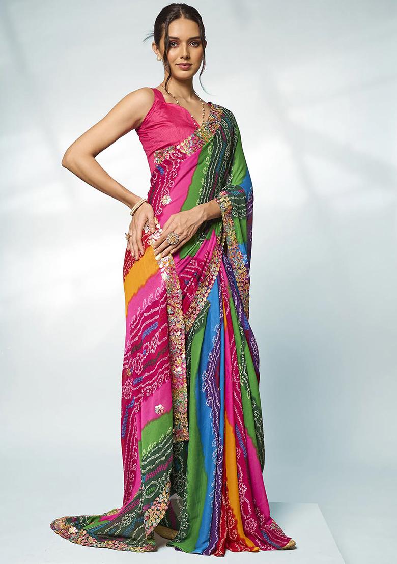 Multicolour Gotta Patti Work Georgette Saree Set