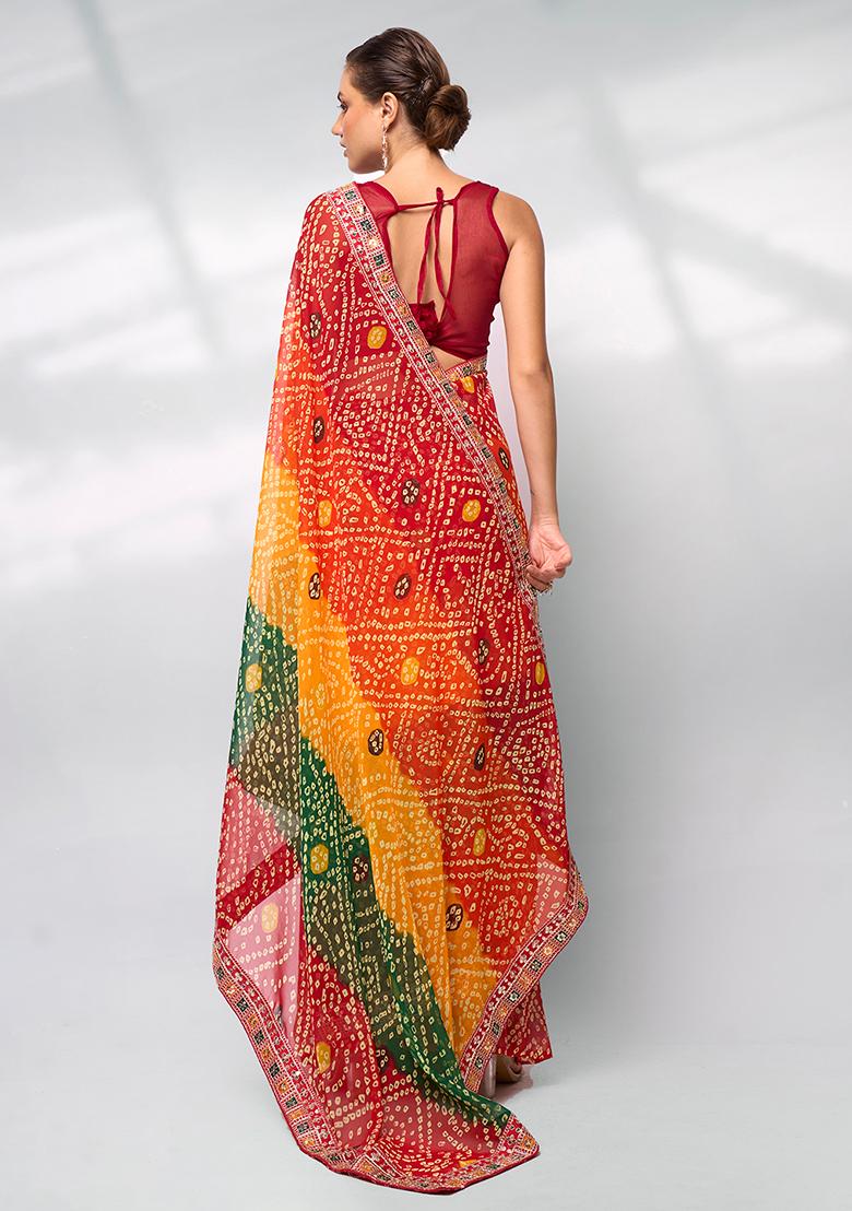 Multicolour Embellished Georgette Saree Set - Indya