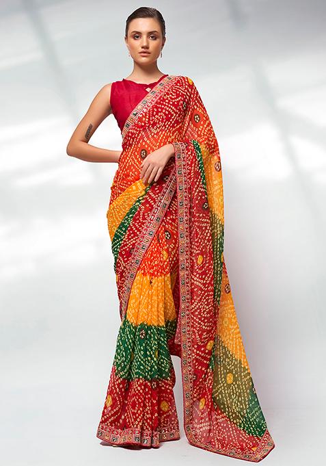 Multicolour Embellished Georgette Saree Set