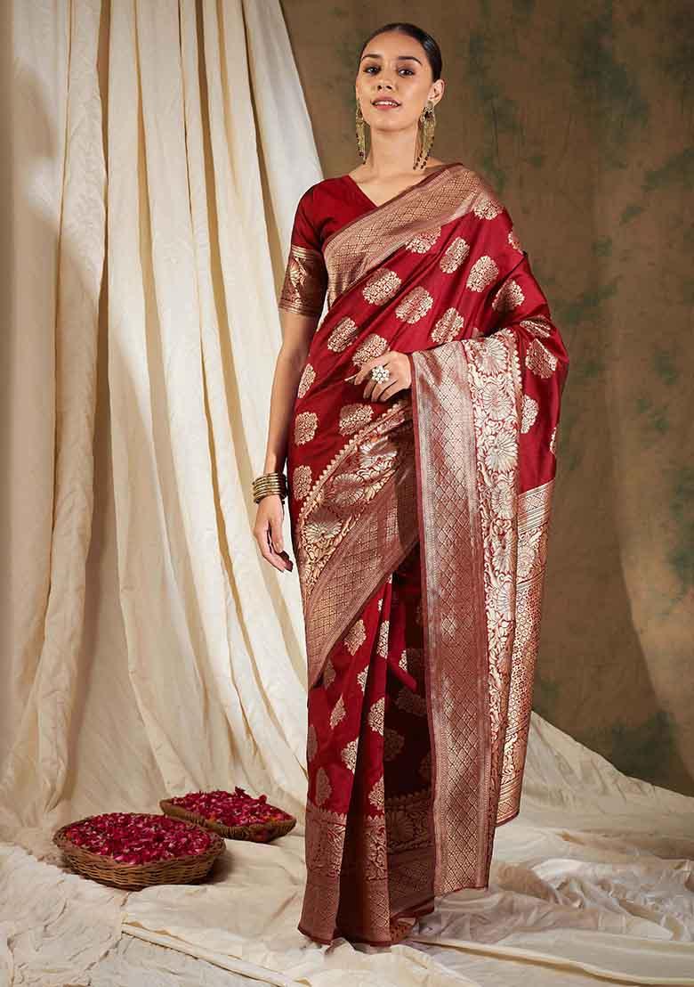 Red Woven Work Banarasi Silk Saree Set