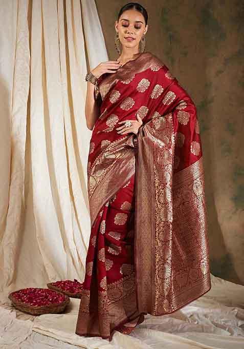 Red Woven Work Banarasi Silk Saree Set