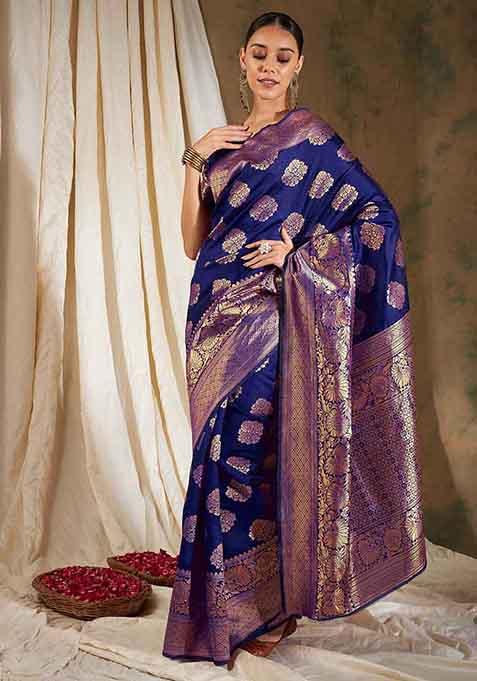 Navy Blue Woven Design Banarasi Silk Saree Set