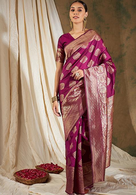 Wine Woven Work Banarasi Silk Saree Set