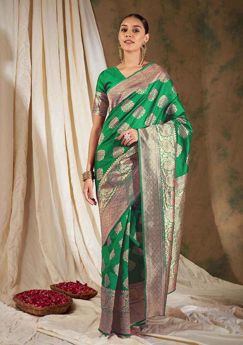 Green Woven Work Banarasi Silk Saree Set - Indya