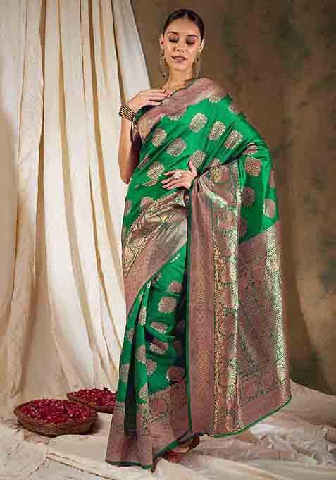 Green Woven Work Banarasi Silk Saree Set