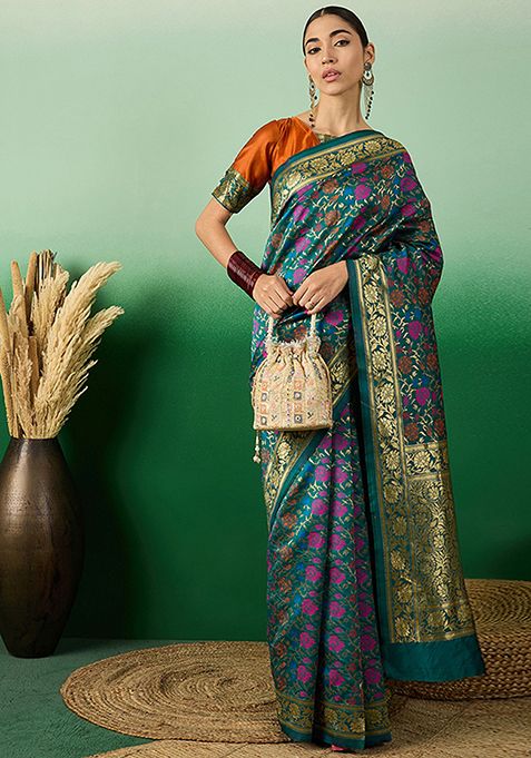 Multicolour Woven Work Banarasi Silk Saree Set