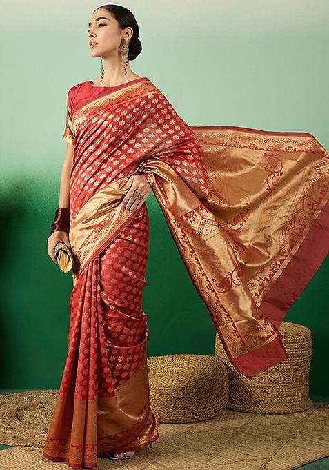 Red Woven Design Banarasi Silk Saree Set