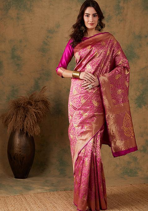 Pink Woven Work Banarasi Silk Saree Set