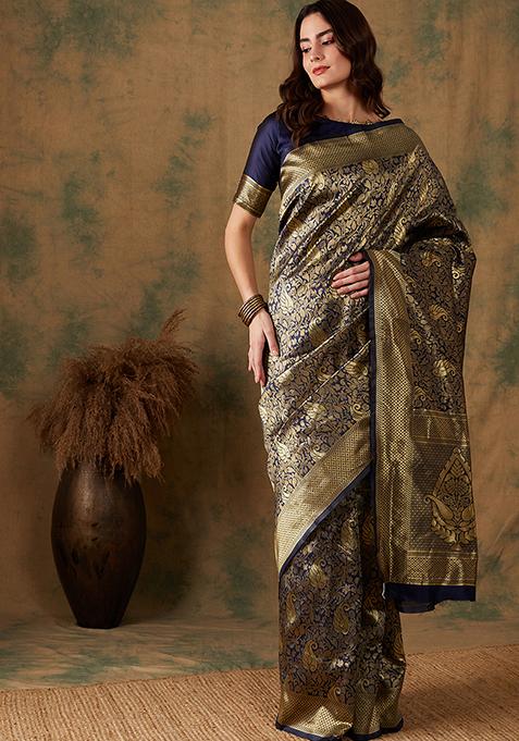 Navy Blue Woven Work Banarasi Silk Saree Set