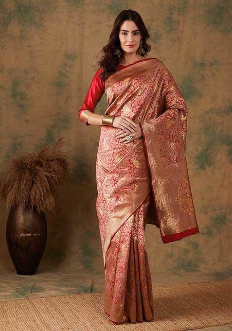 Red Woven Work Banarasi Silk Saree Set