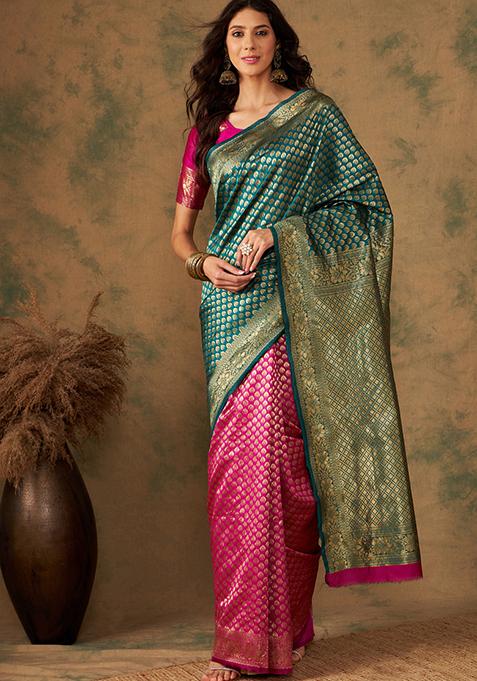 Multicolour Woven Booti Work Banarasi Silk Saree Set