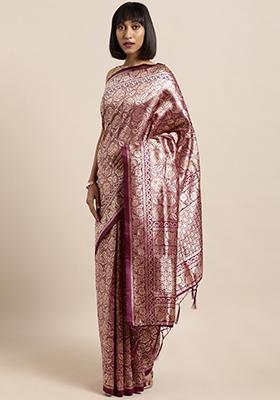 Wine Woven Floral Work Banarasi Silk Saree Set