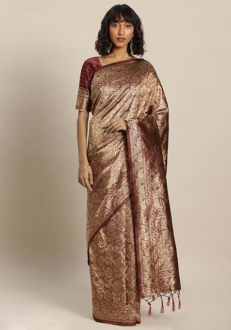 Maroon Woven Floral Work Banarasi Silk Saree Set