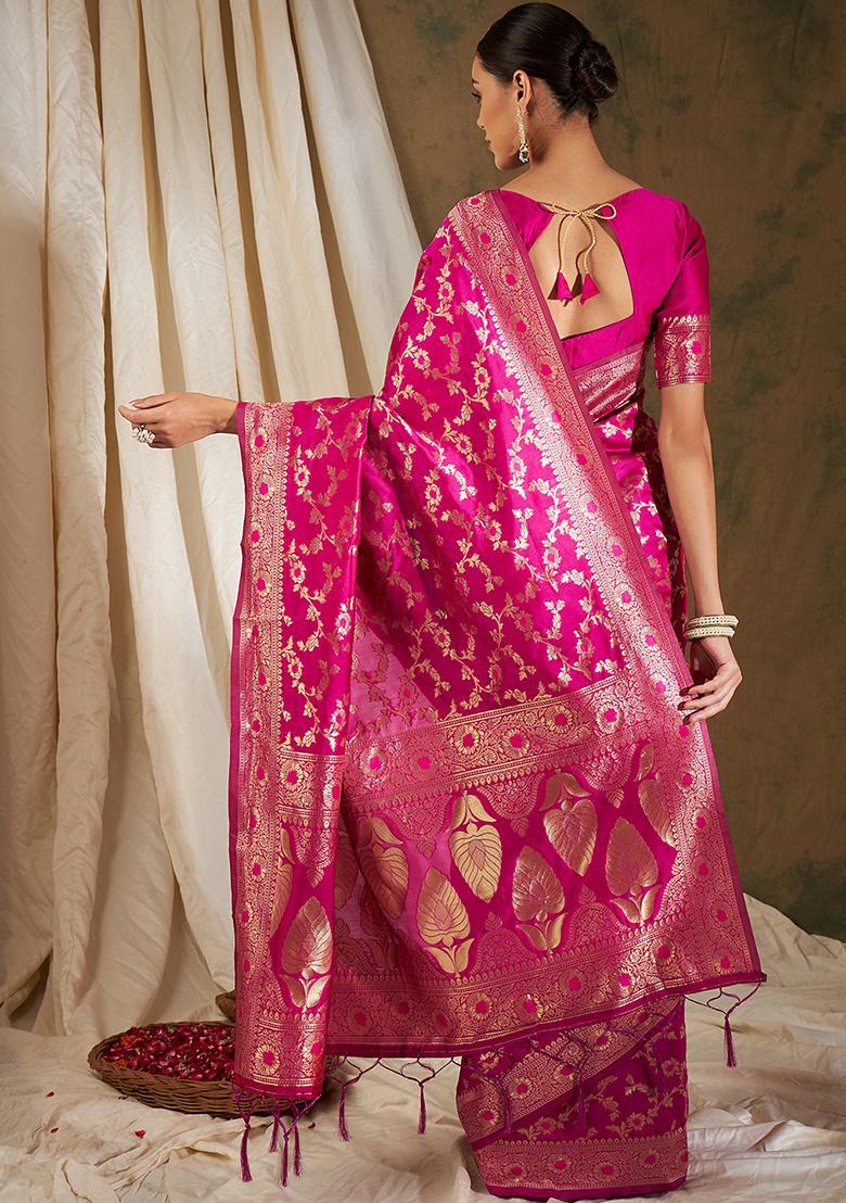 Pink Woven Floral Work Banarasi Silk Saree Set