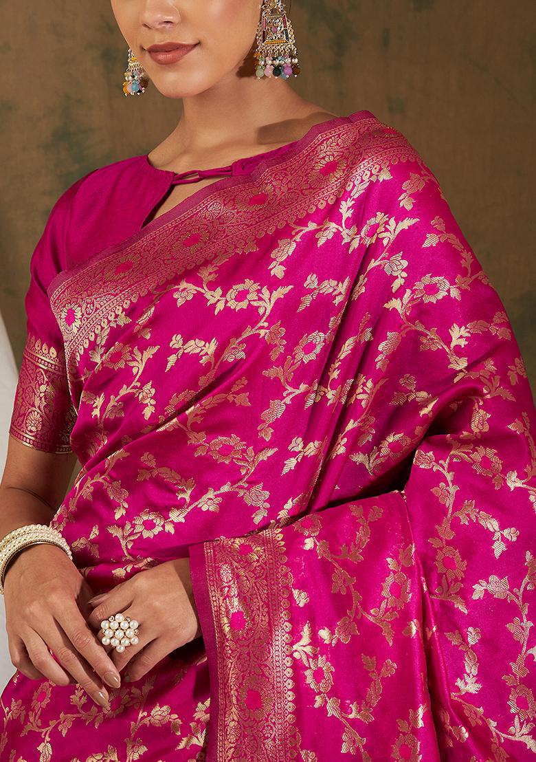 Pink Woven Floral Work Banarasi Silk Saree Set
