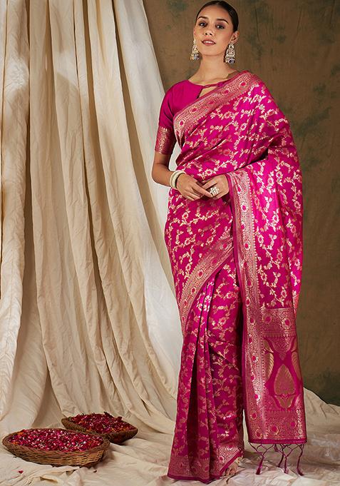 Pink Woven Floral Work Banarasi Silk Saree Set