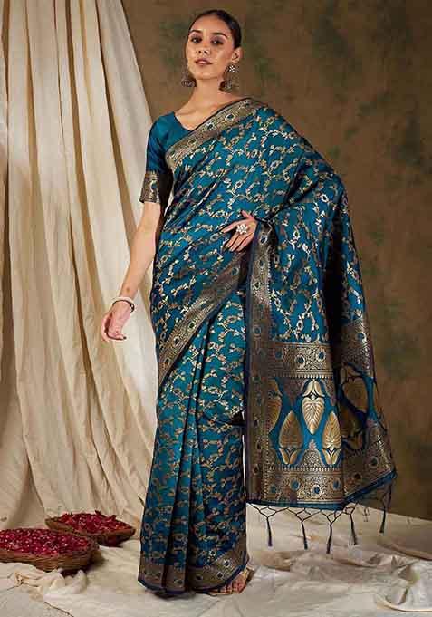 Sky Blue Woven Floral Work Banarasi Silk Saree Set