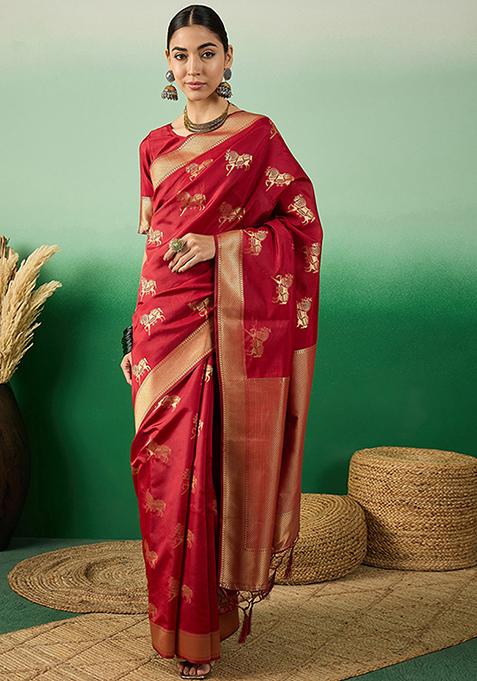 Red Animal Print Woven Work Banarasi Silk Saree Set