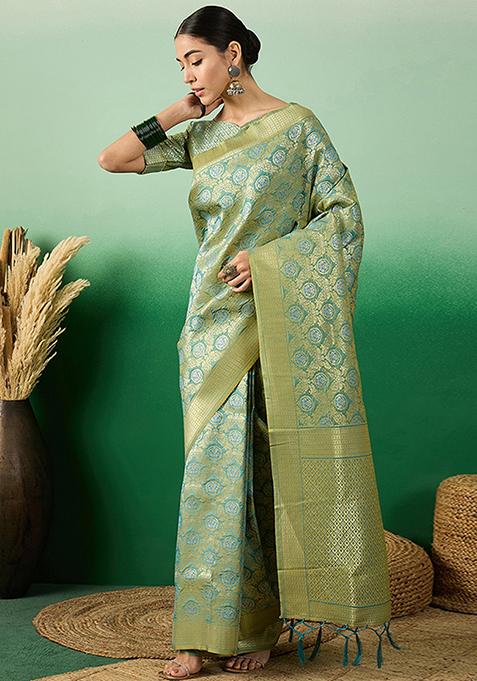 Sky Blue Woven Butta Work Banarasi Silk Saree Set