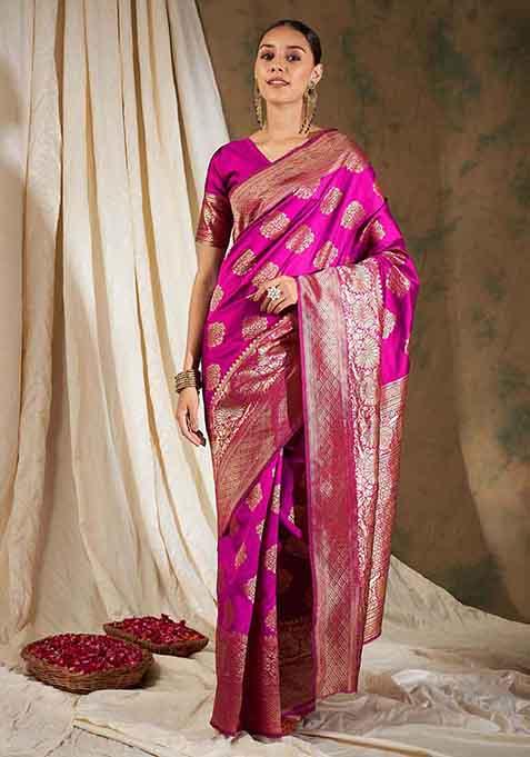 Pink Woven Work Banarasi Silk Saree Set